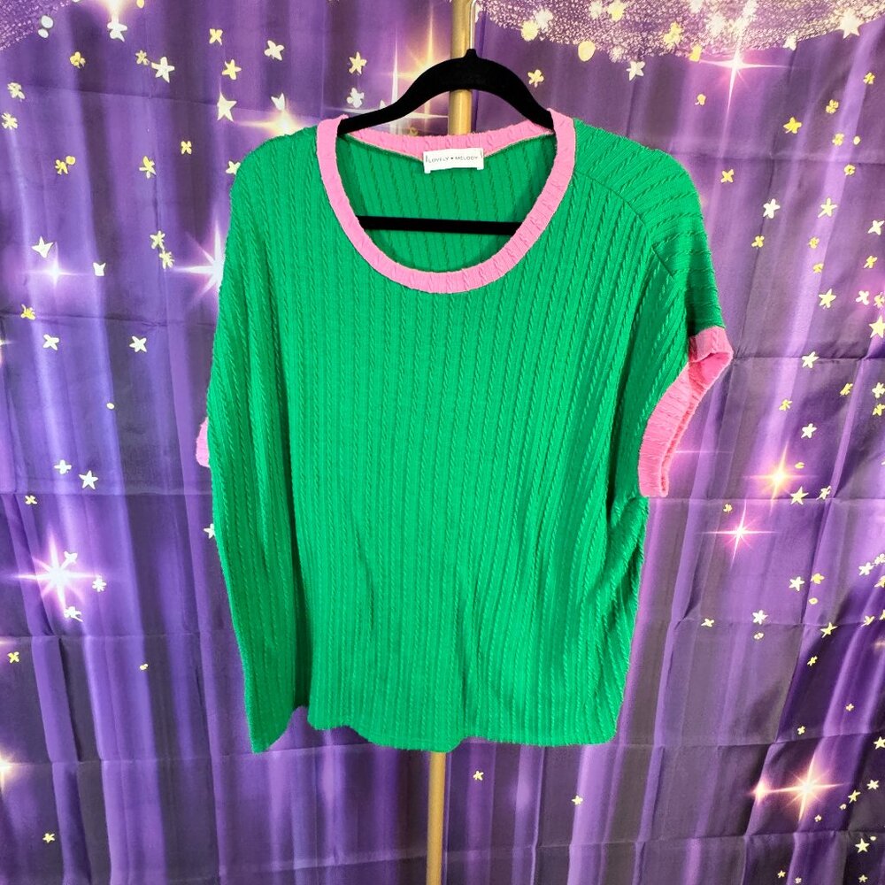 Lovely Melody - Cable Knit Short Sleeve Top with Contrast Detail - Green, Pink -